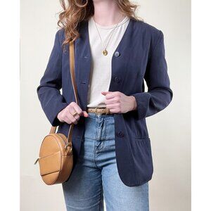 Vintage 100% Silk Oversized Blazer Jacket Coat Relaxed Loose Fit Preppy Academia